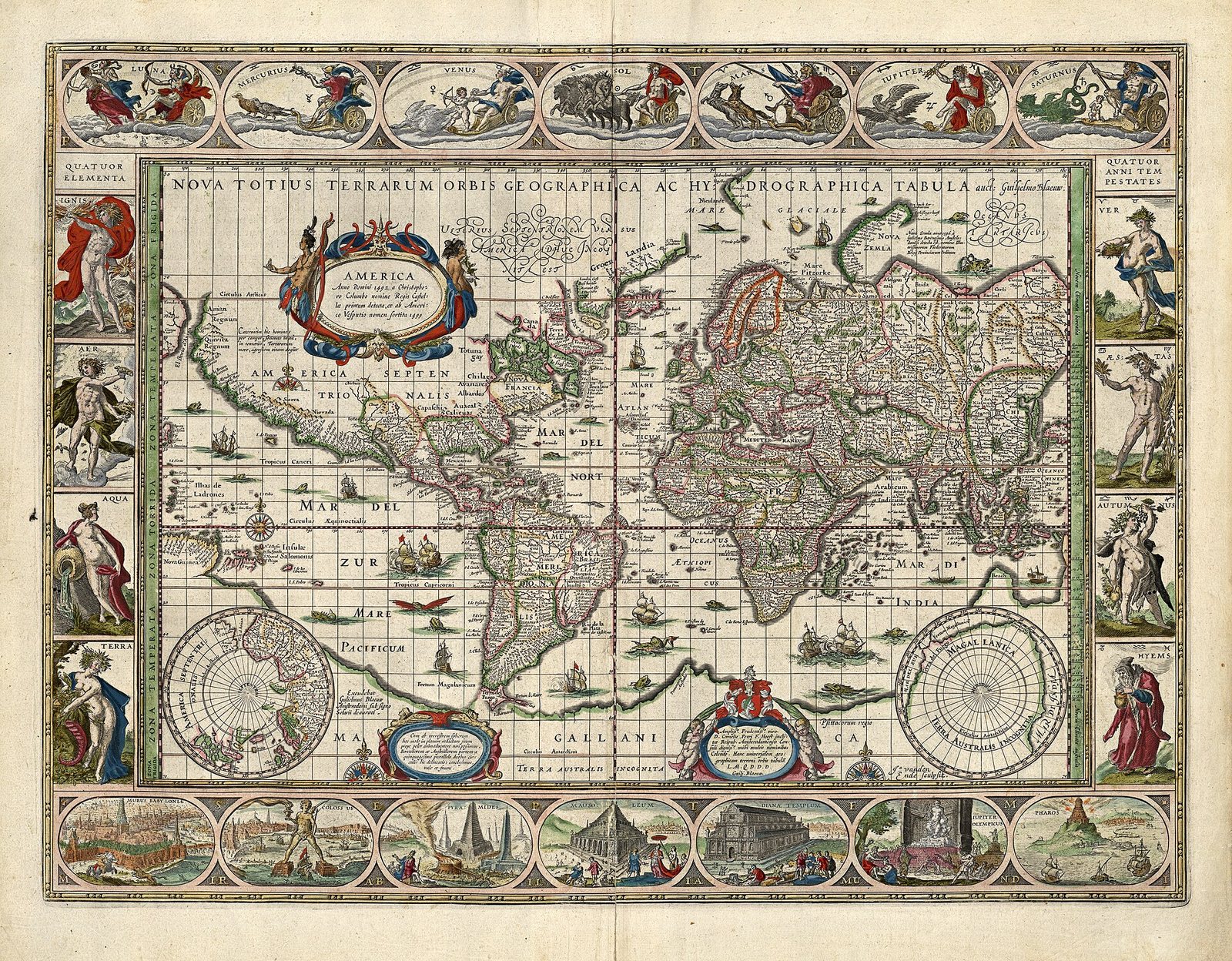 Карта мира Виллема Блау, 1635 год, с кораблями и морскими чудовищами