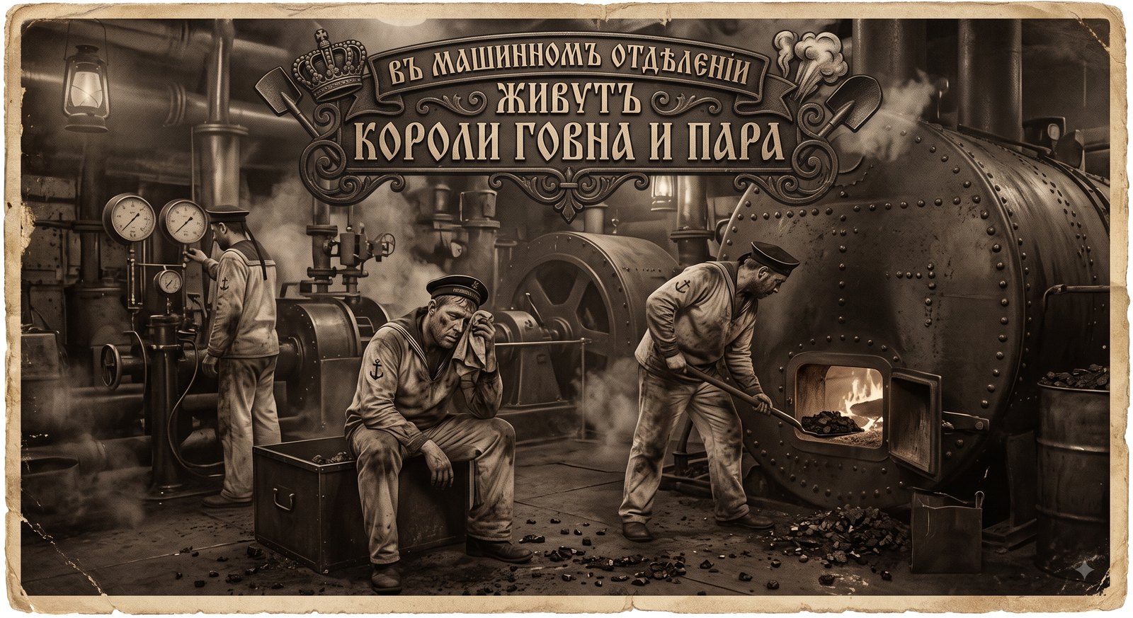 Стилизованная под старину вывеска: кочегары у котла в машинном отделении, надпись «Въ машинномъ отдѣленіи живутъ короли говна и пара»